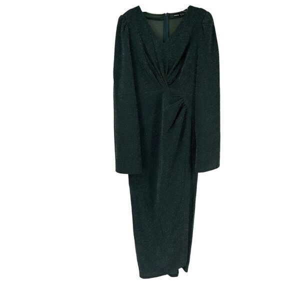 Emerald Green Glitter Maxi Dress Formal Ruched Dramatic Split Sleeves Size 12 - Picture 1 of 13